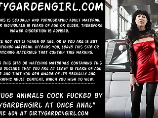 Two huge animals cock fucked by Dirtygardengirl at once in he anal prolapse hole